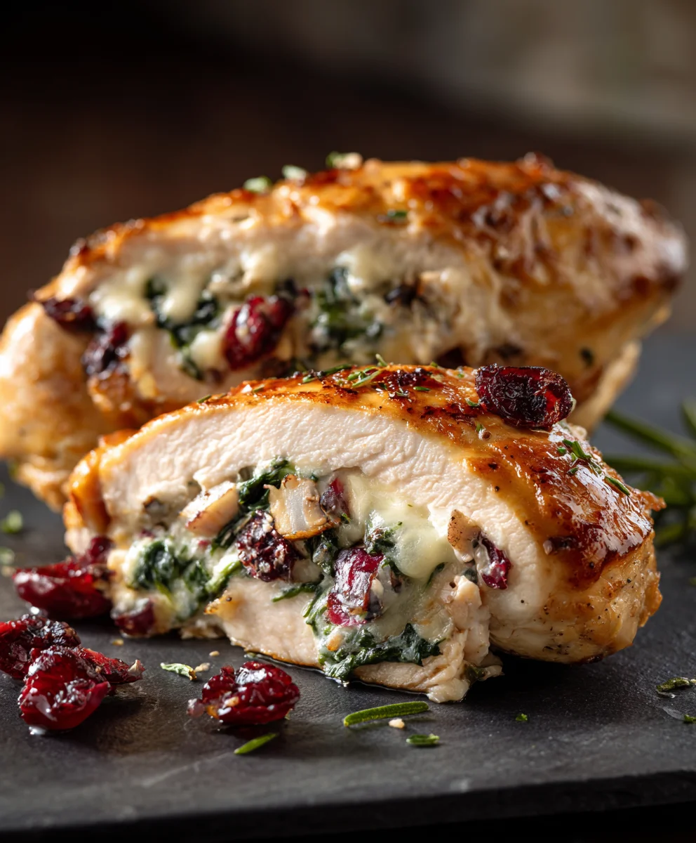 Decadent Cranberry Spinach Brie Stuffed Chicken Dinner