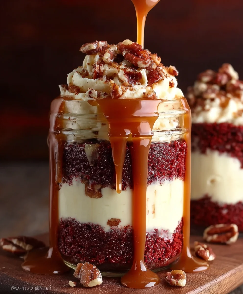 Decadent Mini Red Velvet Caramel Pecan Cake Jars