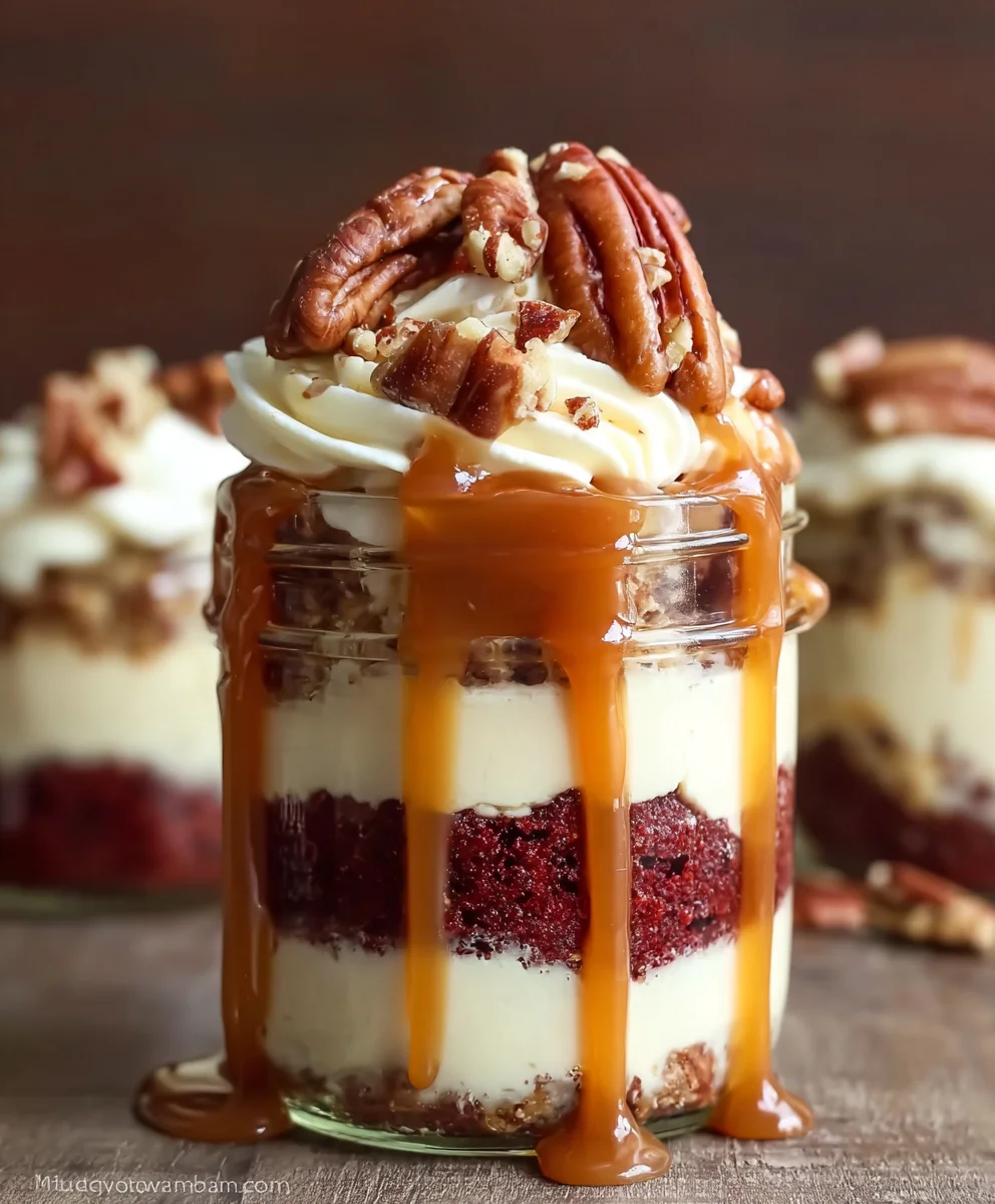 Decadent Mini Red Velvet Caramel Pecan Cake Jars