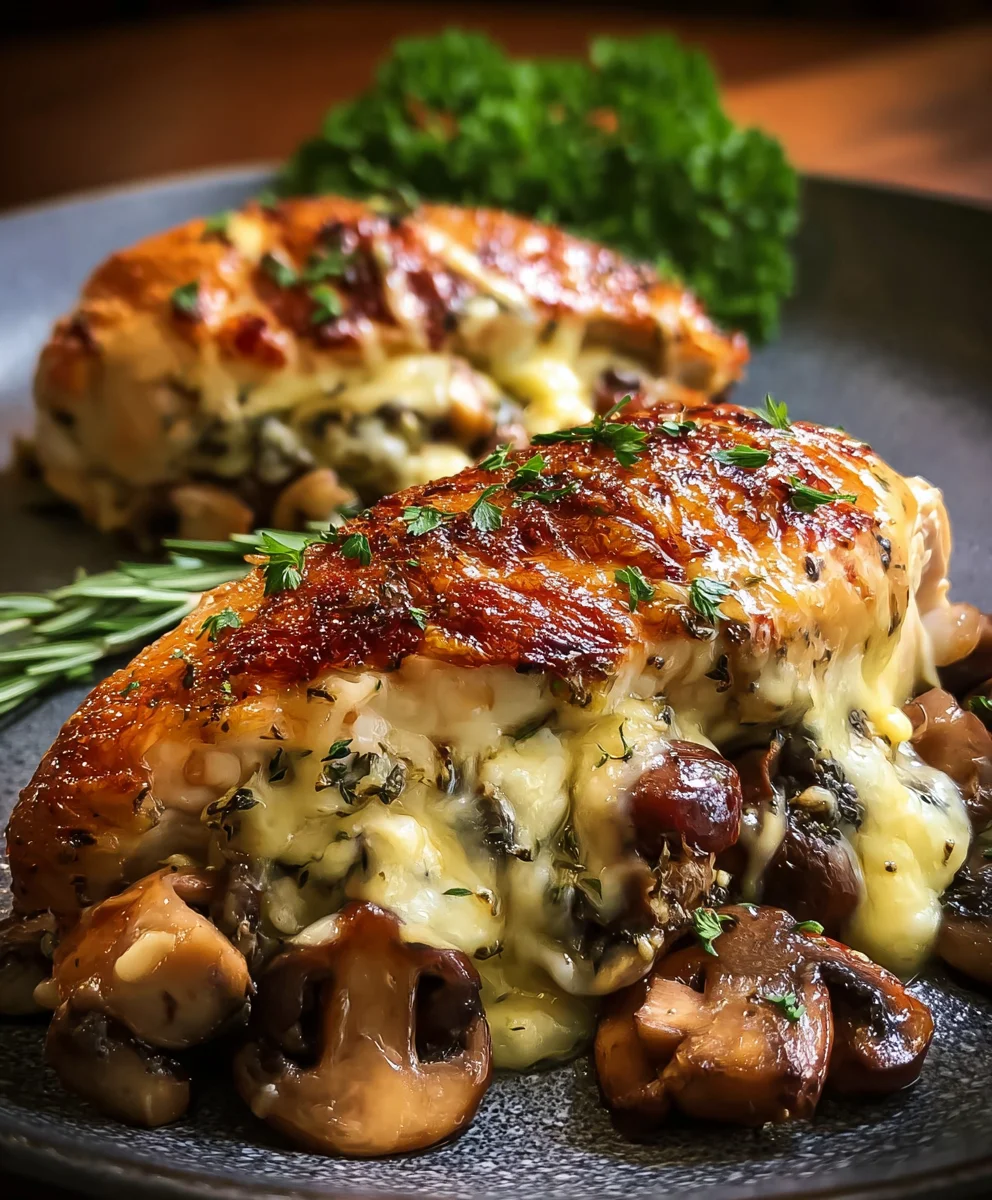 Savory Cheesy Garlic Butter Mushroom Stuffed Chicken Dinner