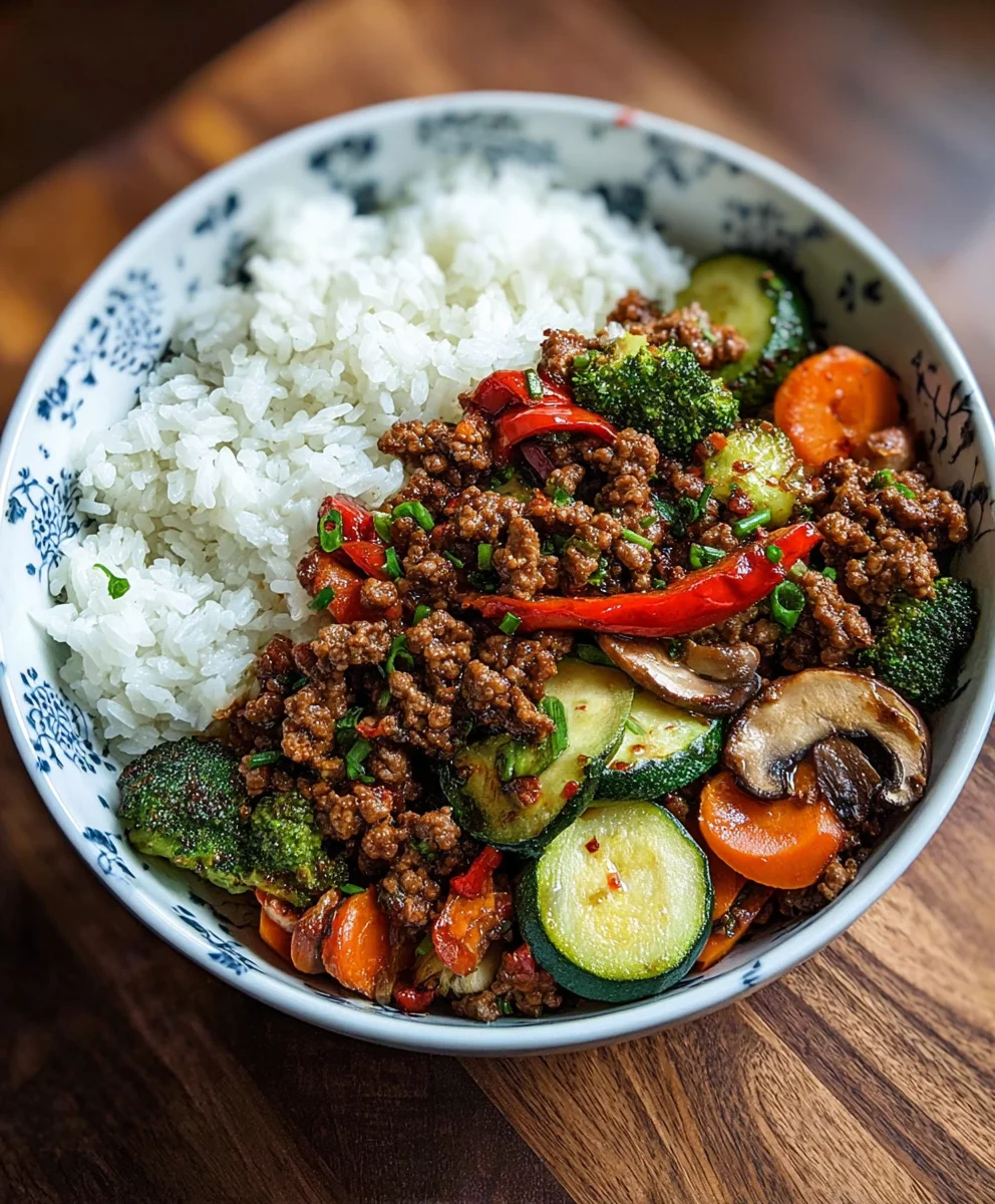 Spicy Ground Beef Stir-Fry: Quick Garlic Veggies & Rice