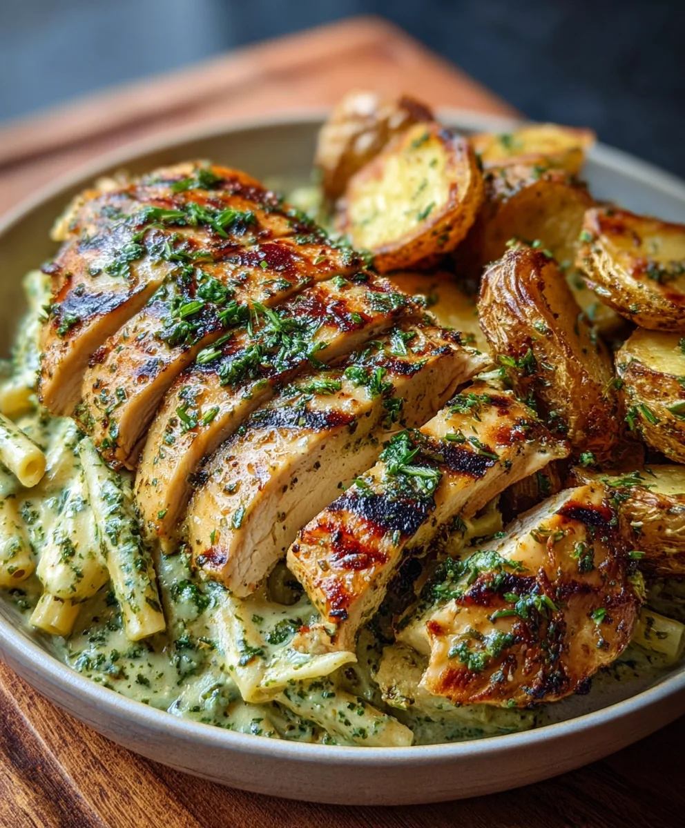 Loaded Herb Grilled Chicken, Creamy Pesto Pasta & Potatoes