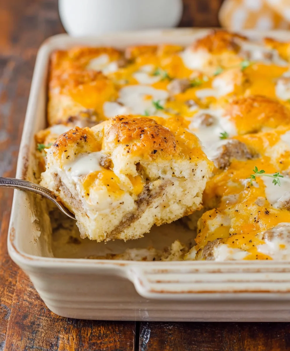Beef Biscuits and Gravy Breakfast Casserole-Easy Dish