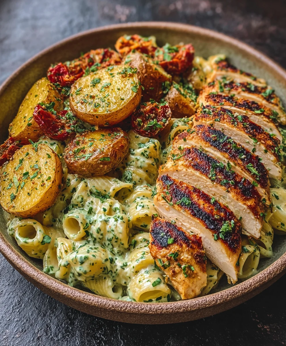 Loaded Herb Grilled Chicken, Creamy Pesto Pasta & Potatoes