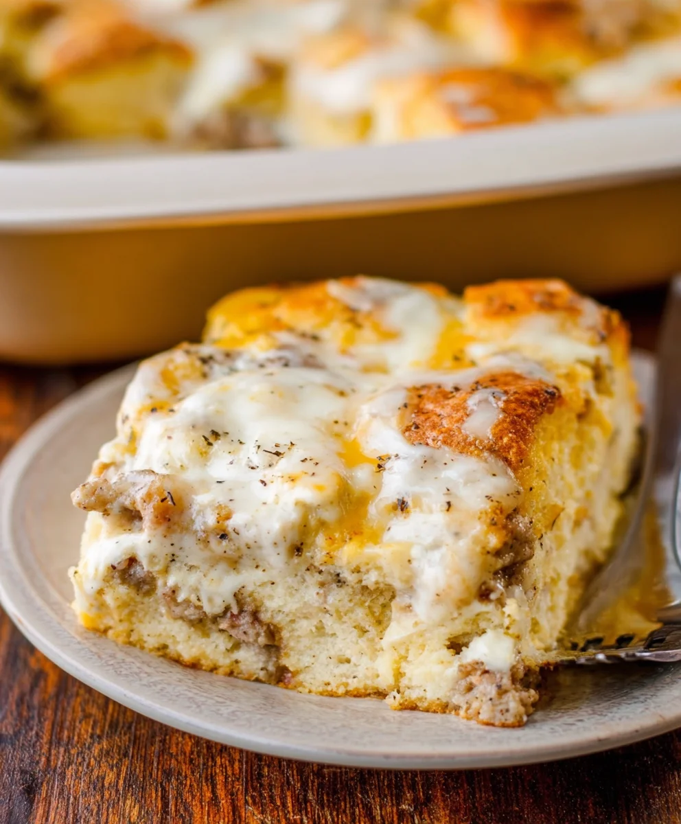 Beef Biscuits and Gravy Breakfast Casserole-Easy Dish