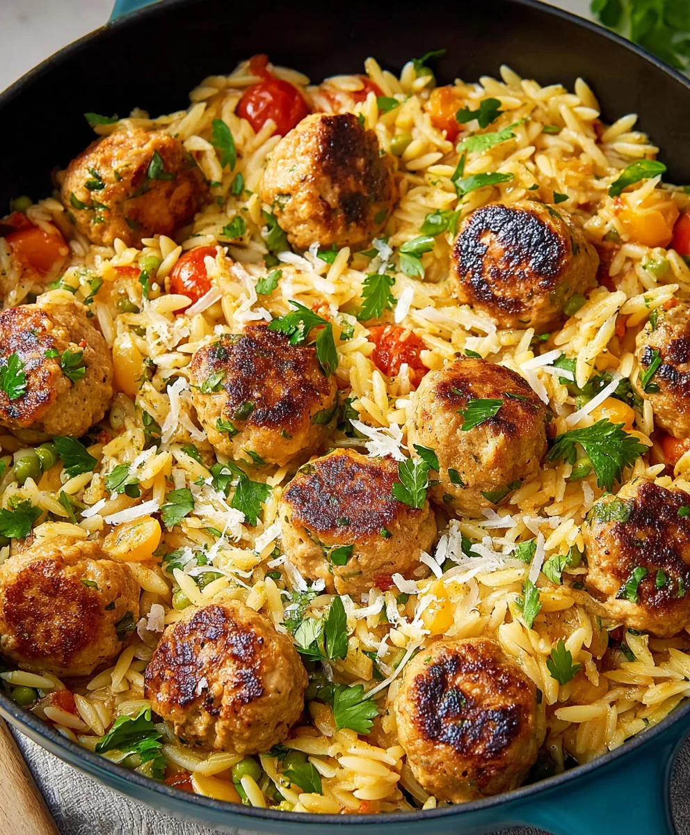 One-Pan Chicken Orzo Meatballs-Easy Dinner Recipe