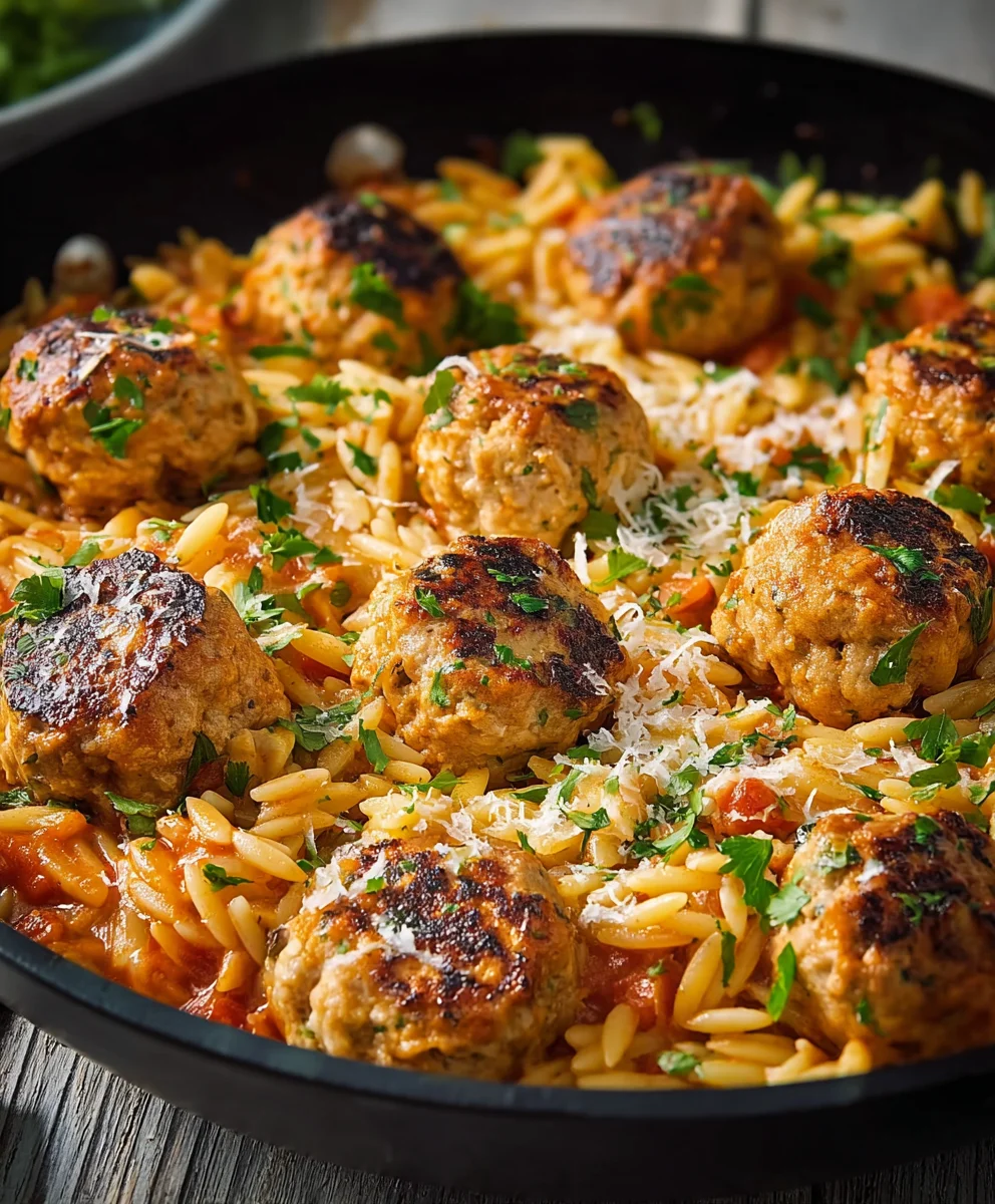 One-Pan Chicken Orzo Meatballs-Easy Dinner Recipe