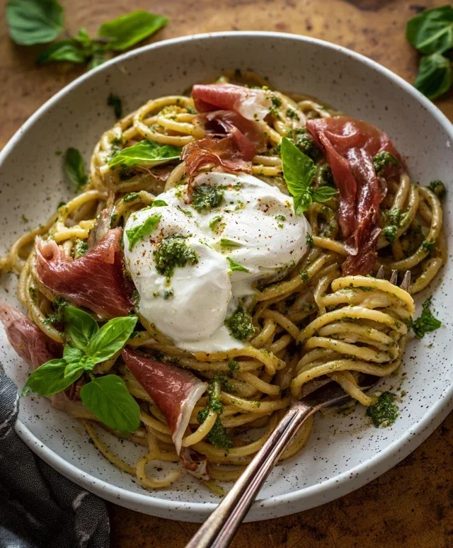 Creamy Basil and Garlic Pasta with Beef Beef Prosciutto and Burrata — Inspired With A Twist