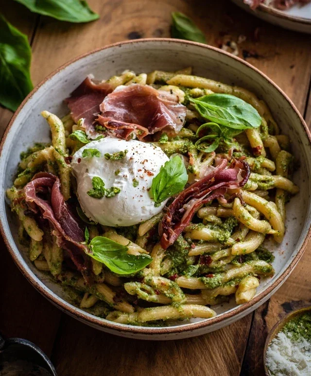 Creamy Basil and Garlic Pasta with Beef Beef Prosciutto and Burrata — Inspired With A Twist