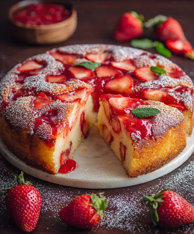 Easy Strawberry Cake with Strawberry Sauce