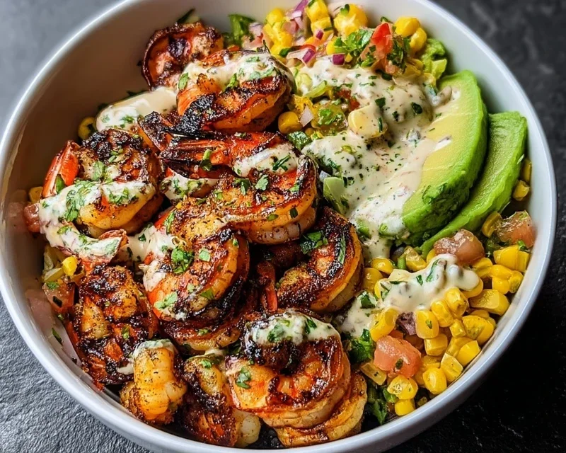 Grilled Shrimp Bowl with Avocado, Corn Salsa & Creamy Garlic Sauce