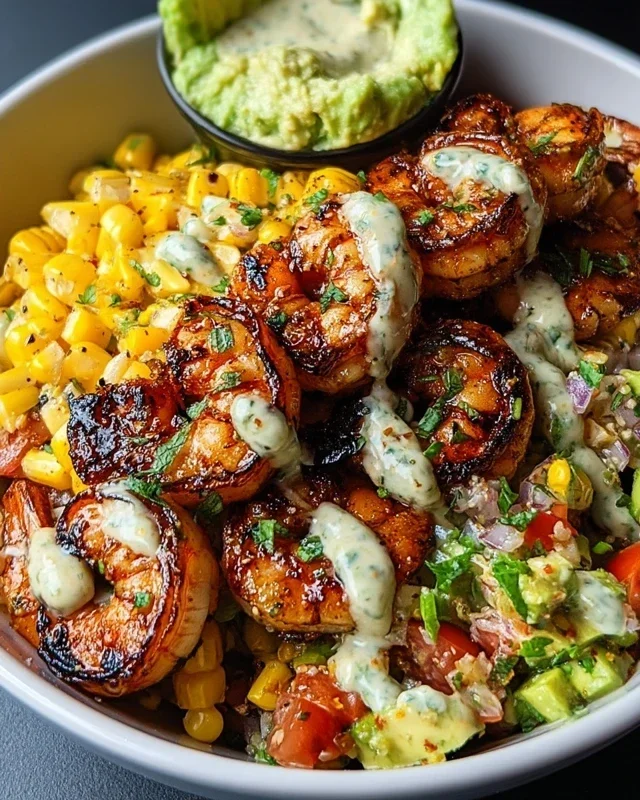 Grilled Shrimp Bowl with Avocado, Corn Salsa & Creamy Garlic Sauce