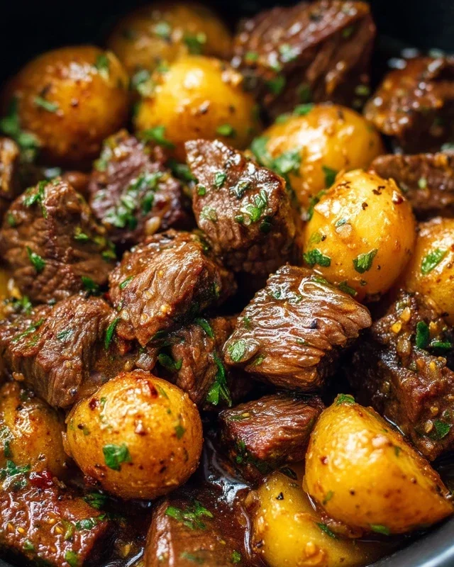 Slow Cooker Garlic Butter Beef Bites with Potatoes