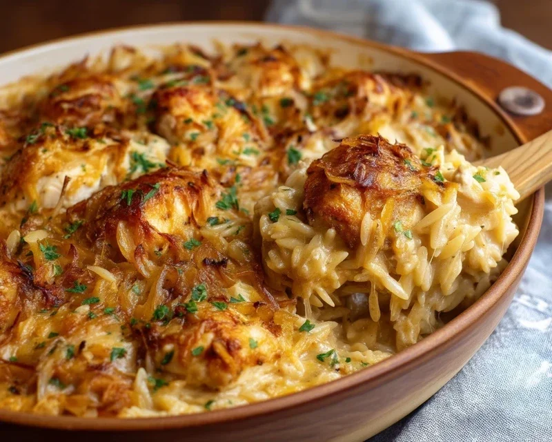 French Onion Chicken Orzo Casserole